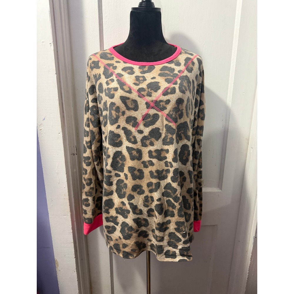 Heimish USA Leopard Print Long Sleeve Top Pink Accents Brown Black Womens 2X
